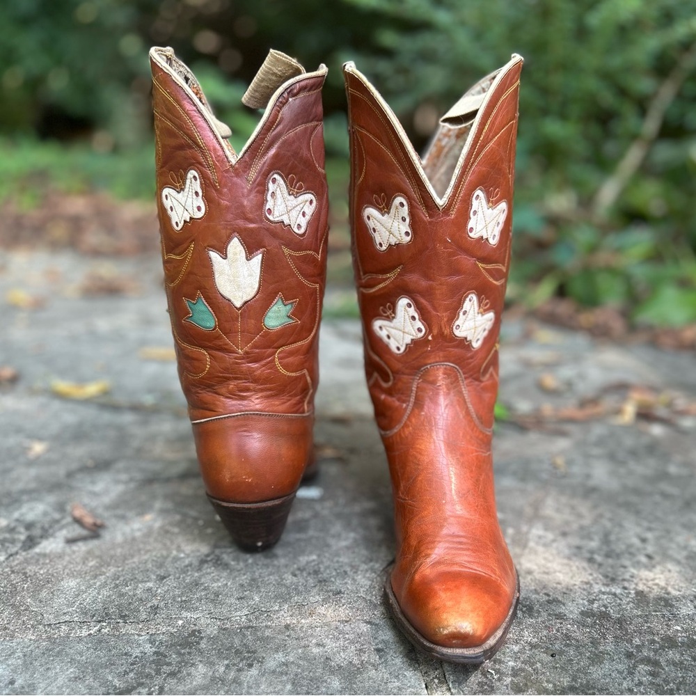 1940’s Cowboy Western Boots Butterfly and Floral Inlays Women’s 7 B